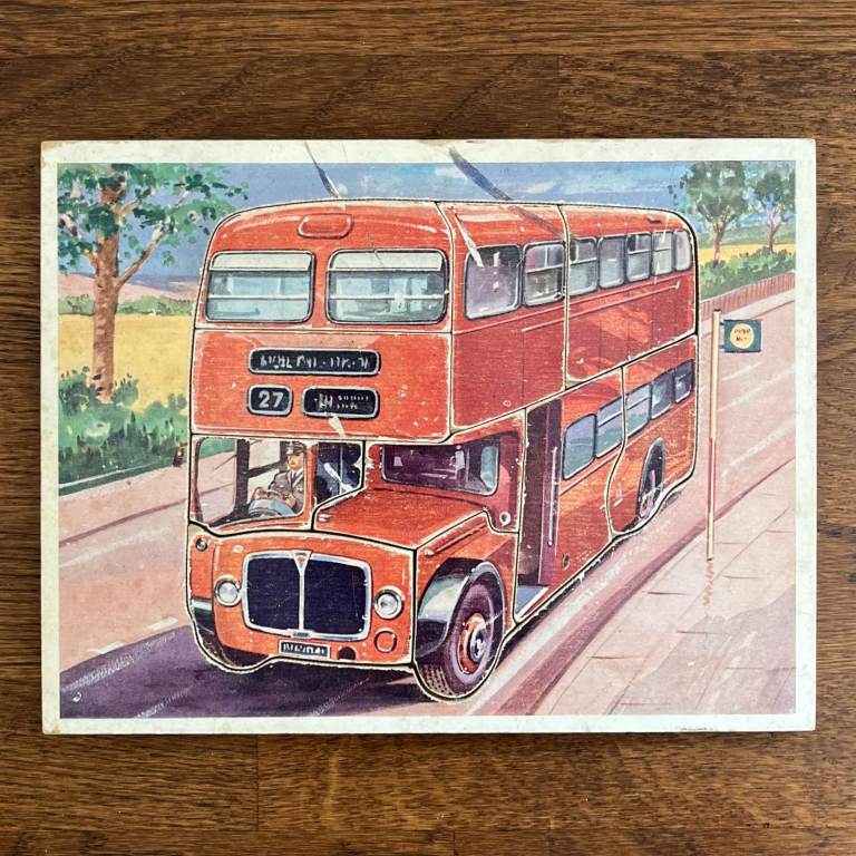 Vintage 1970's wooden puzzle red double decker London bus, transport. 10 pieces.  Complete.
