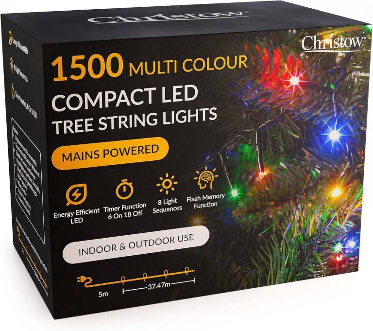 CHRISTOW 8ft Christmas Tree Lights, 1500 Multi-Coloured LED Fairy Lights with Timer