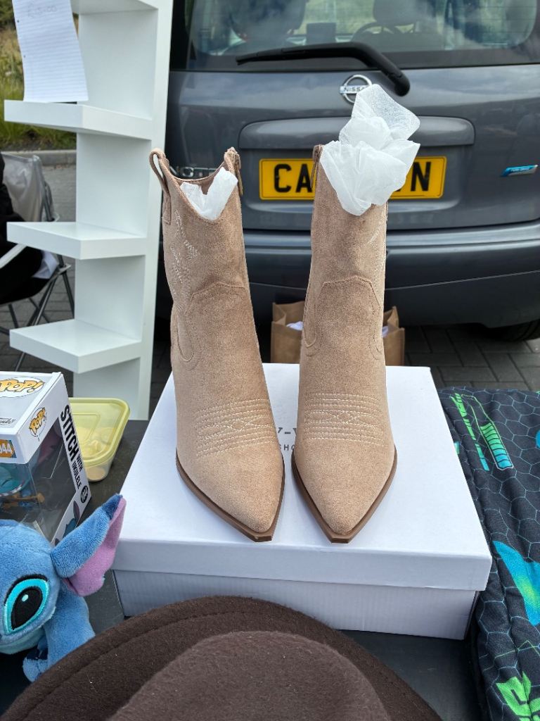 New Beige Suede Western Style Ankle Boots