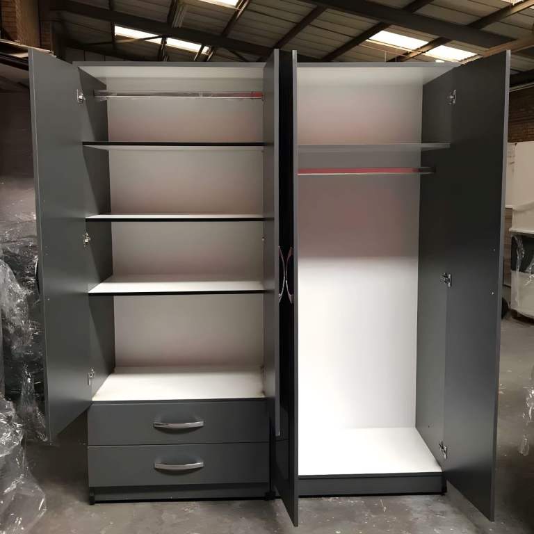 New Grey Wardrobe with Shelves and Drawers