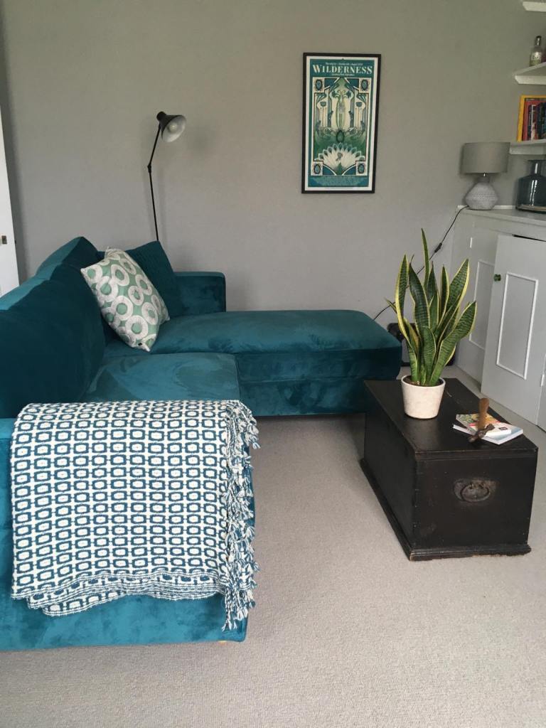 Teal velvet right hand chaise sofa