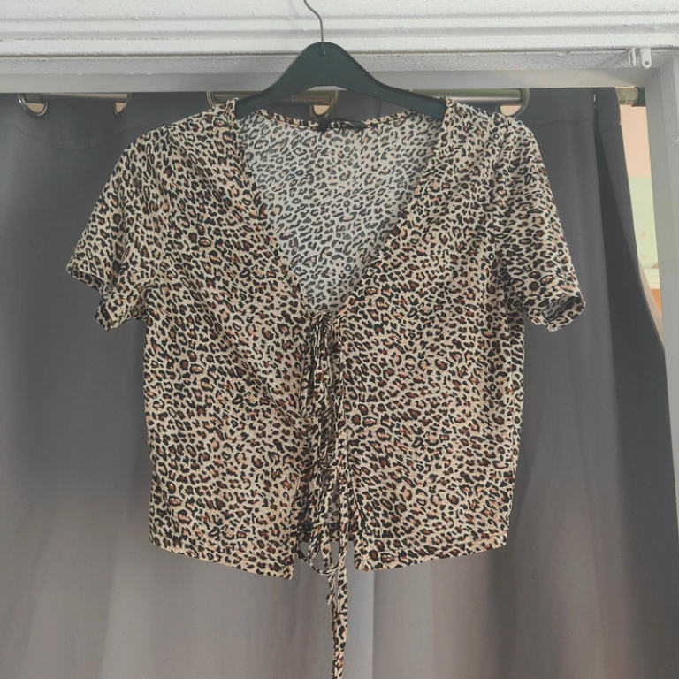 SHEIN Leopard Print Tie Front Crop Top | Animal Print V-Neck Short Sleeve