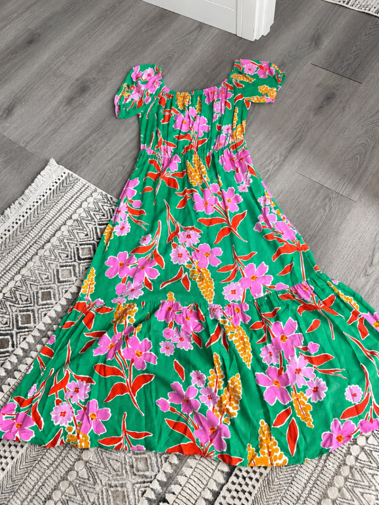 Papaya Summer Floral Midi Dress - Green with Pink Flowers