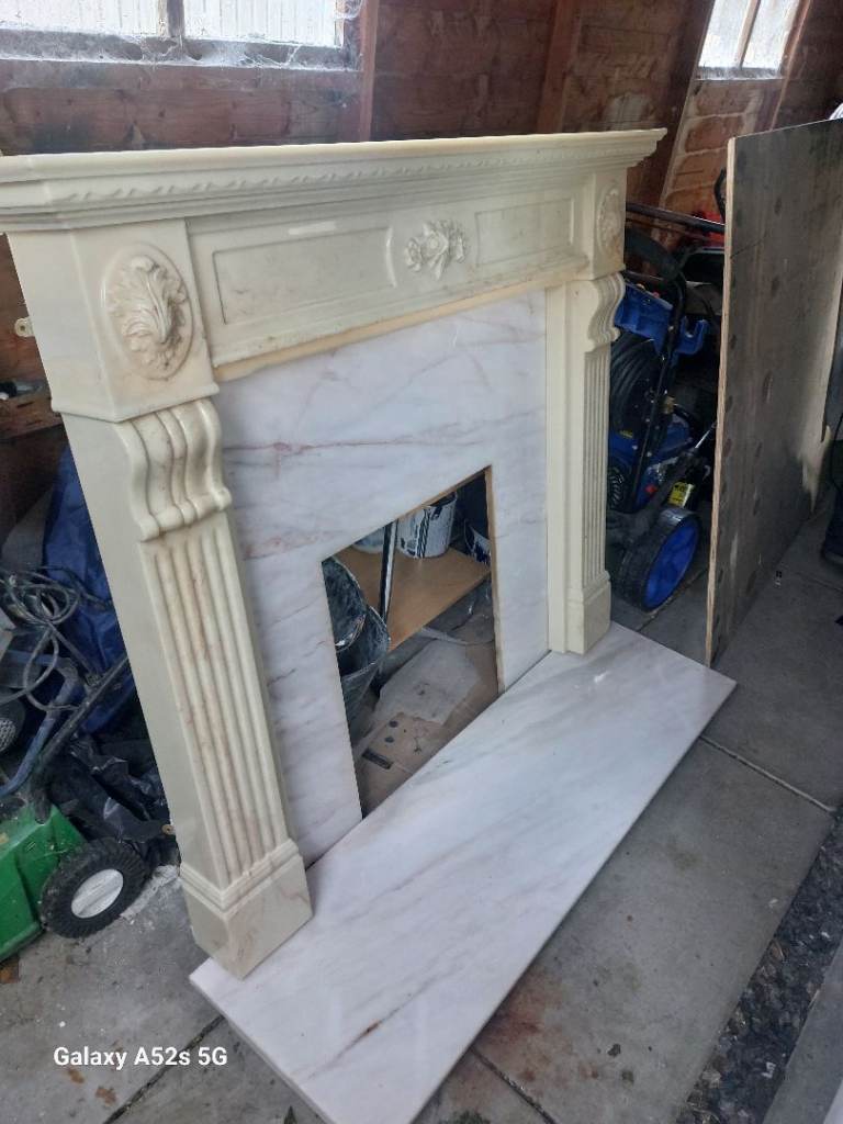 Solid marble resin fire place with solid marble hearth and back plate 