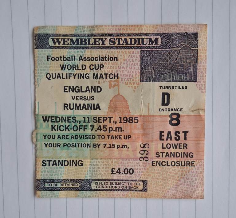 Original 1985 Wembley Stadium England vs Romania Football Ticket