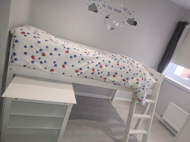 New Mid sleeper single bed with pull out desk and shelving and underbed play area 