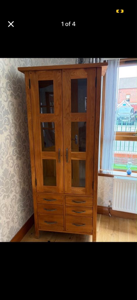 Wooden Display Cabinet with Glass Doors and Drawers