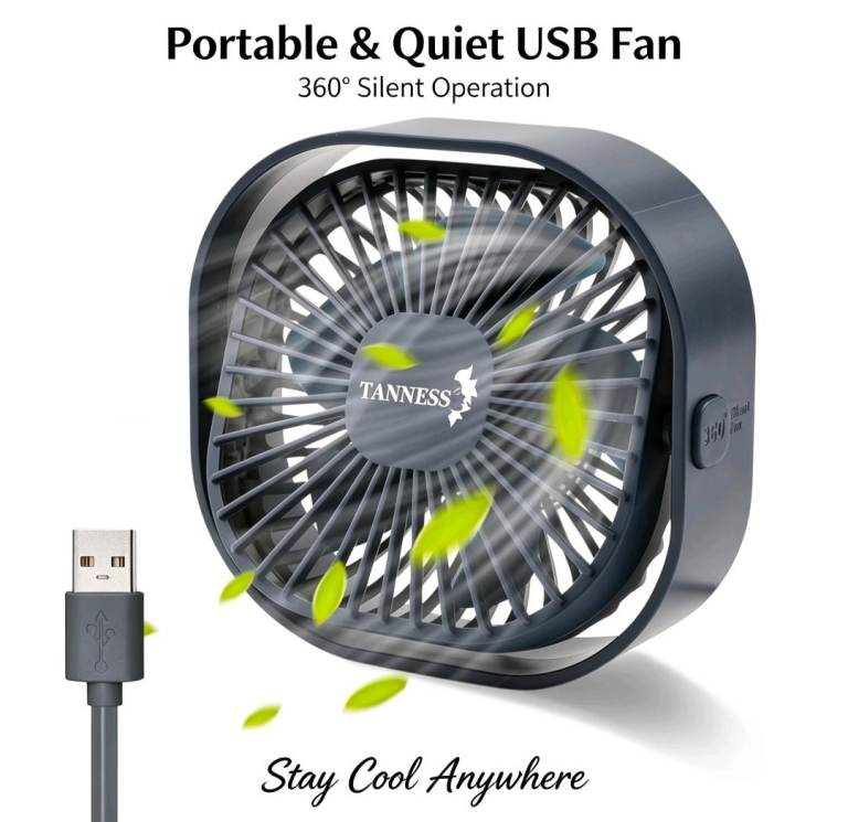 TANNESS USB Desk Fan – 360° Rotatable, 3 Speeds, Quiet Portable Cooling for Home Office Bedroom