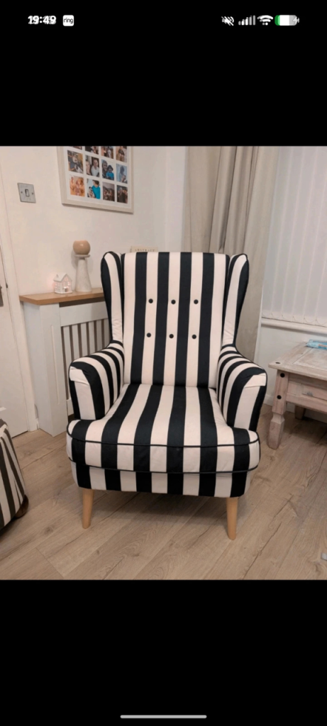 Black and Cream Striped Wingback Armchair