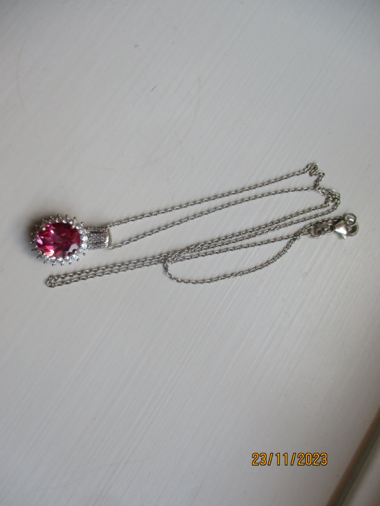 Lab created pink sapphire and natural Zircon Halo pendant and 20 inch chain
