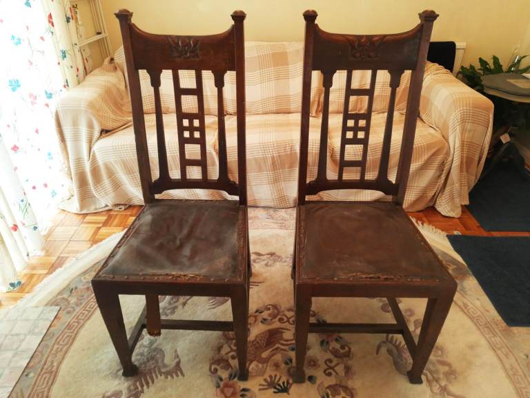 Antique Solid Oak Gothic Dining Chairs - Matching Set of 2 - Old Vintage Rare Wood Wooden Pair Two