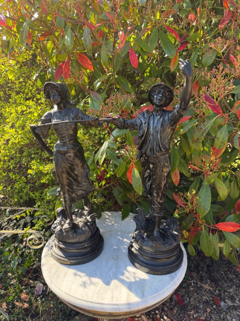 A Pair Of Vintage Spelter Farm Worker Sculptures 22 Inches Tall