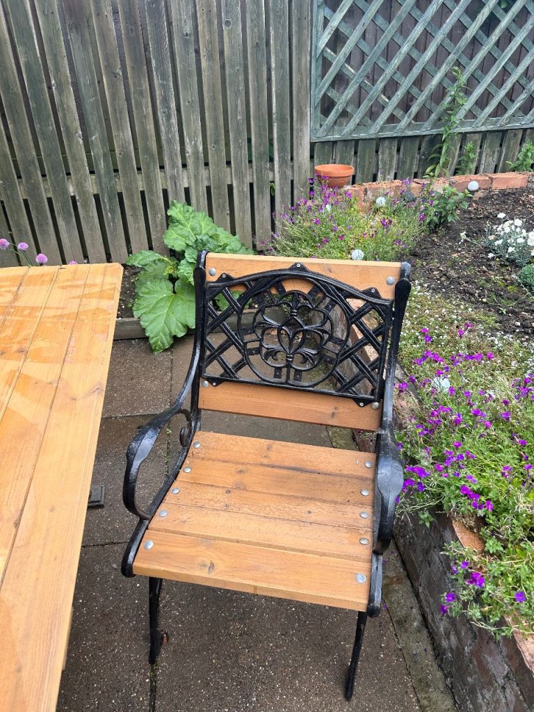 Garden Patio Table and Bench Set - Cast Iron & Wood