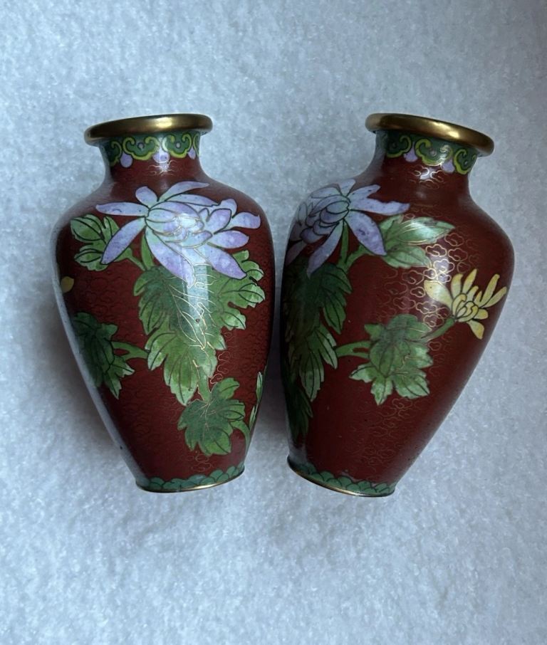 Vintage Chinese Cloisonne Vases With Wooden Stands