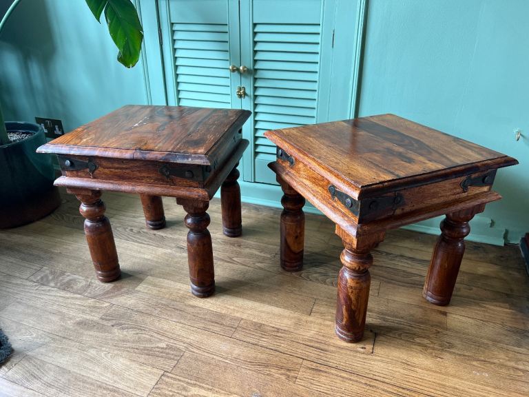 Pair Of Solid Acacia Hardwood Side Tables