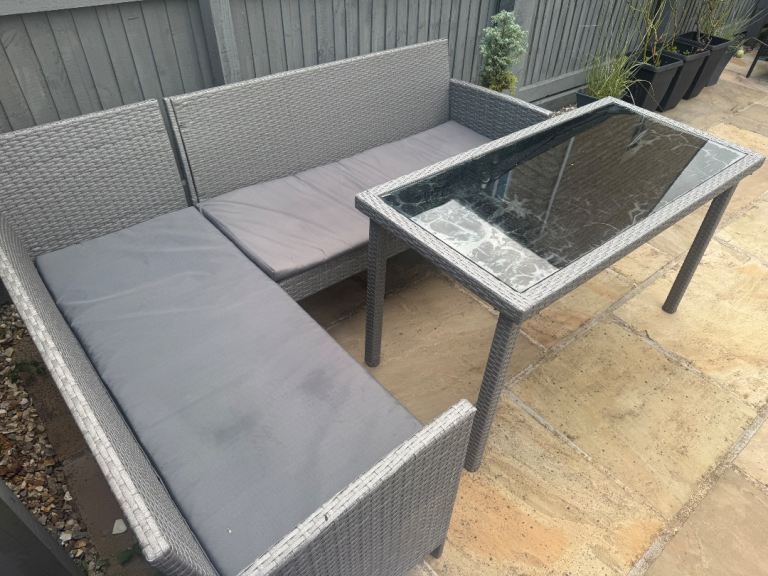 Grey Rattan Garden Corner Sofa Set with Glass Table