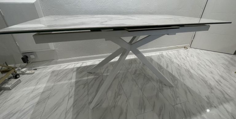 White Marble Effect Cross Leg Extending 6-8 Seater Rectangular Dining Table