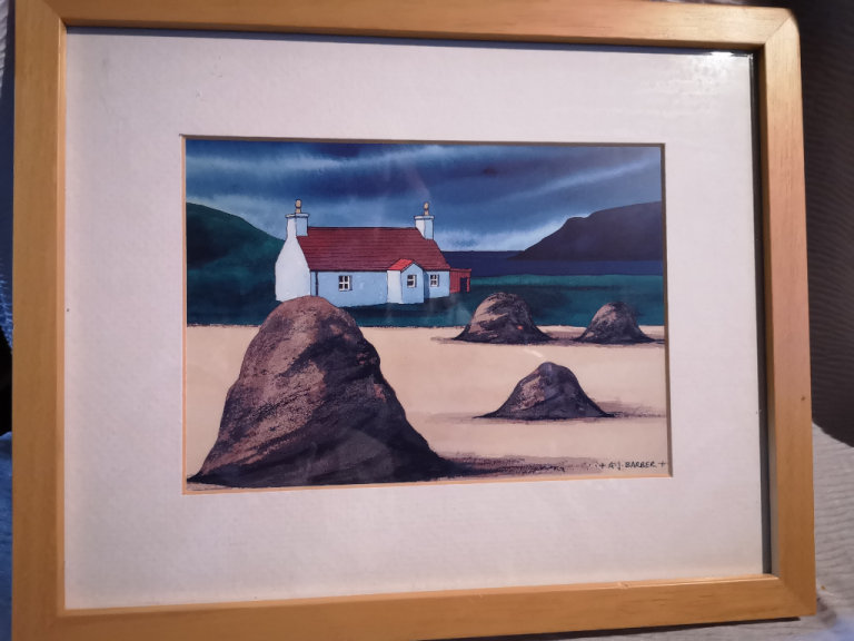 A. J. Barber artist .Framed Landscape Print House by Rocks. Landscape