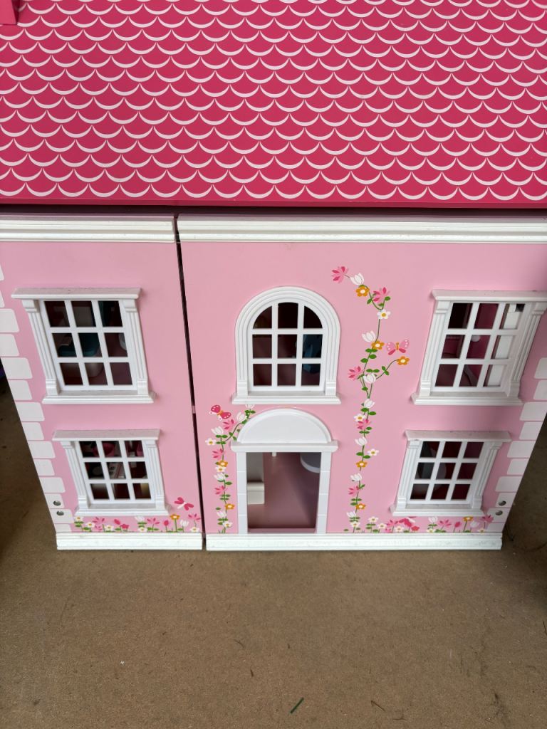 Pink Wooden Dolls House with Furniture – Good Condition