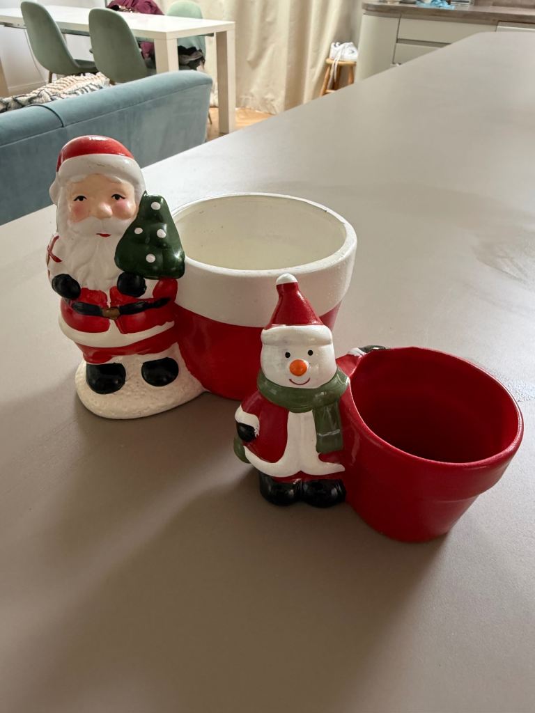 Lovely Set of Two Ceramic Christmas Pots – Santa & Snowman