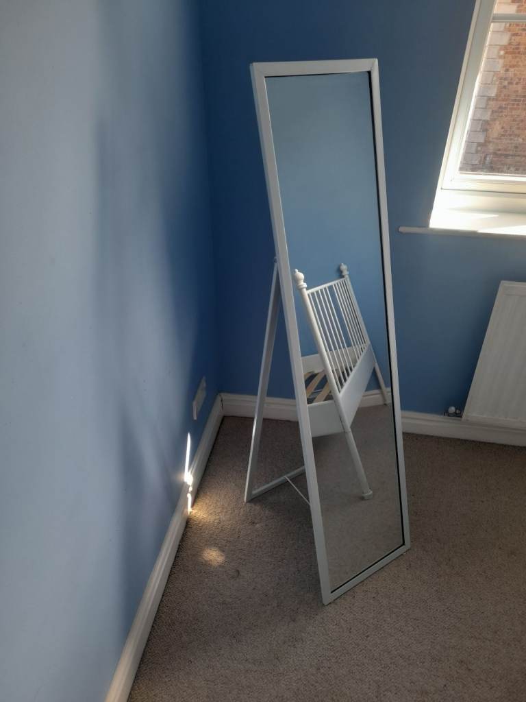 Full Length White Metal Framed Mirror On Stand 