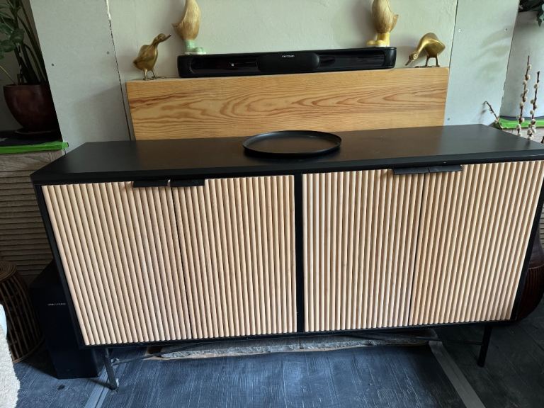 Modern Wooden Sideboard – Black Top, Natural Bamboo Slat Doors (John Lewis)