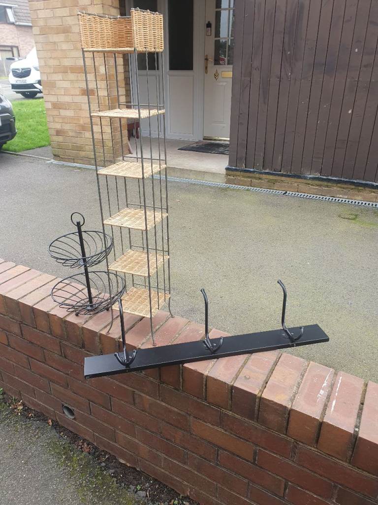 Wicker & Metal Shelves, White Bathroom Caddy, Metal Fruit Cage & Coat Hooks. 