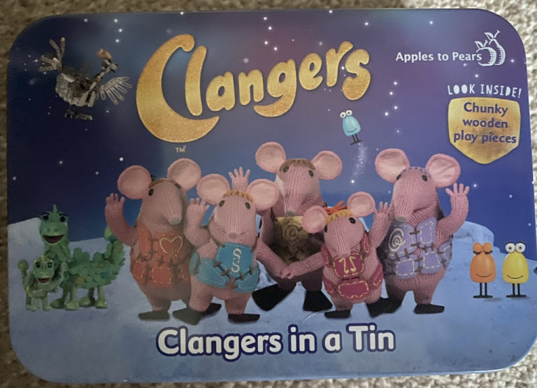Clangers, Clangers in a Tin. Rare full set of wooden Clangers figures in a colourful tin