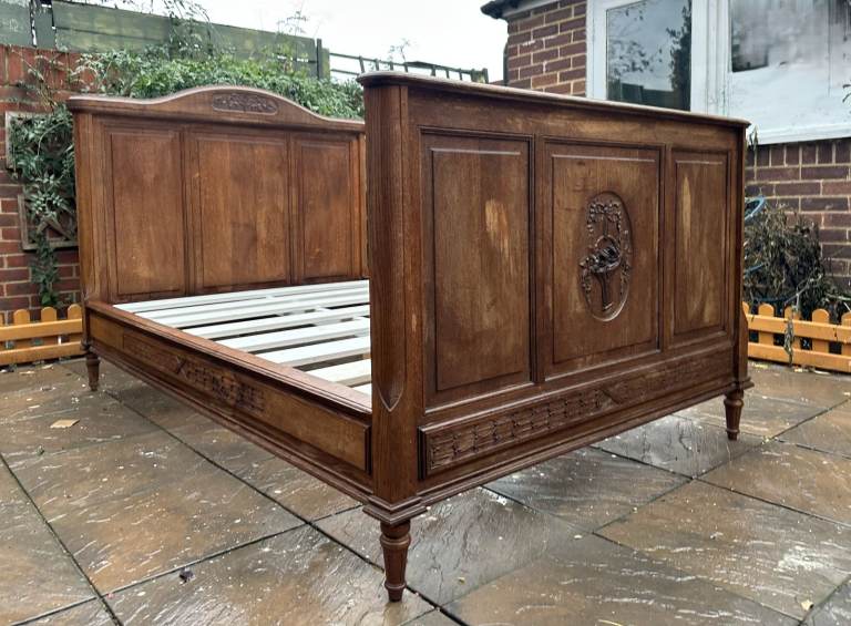 Beautiful Antique French Hand Carved Solid Oak Double Bed Frame - 