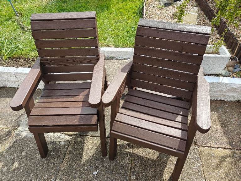 Two Wooden Garden Chairs – Brown, Good Condition