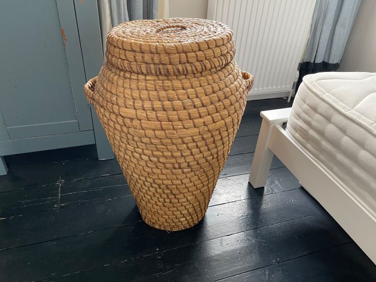 Woven Rattan Storage Basket with Lid – Good Condition