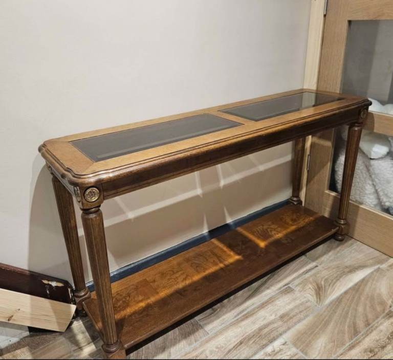 1970s Mid Century Two Tier Walnut Glass Console Sofa Table