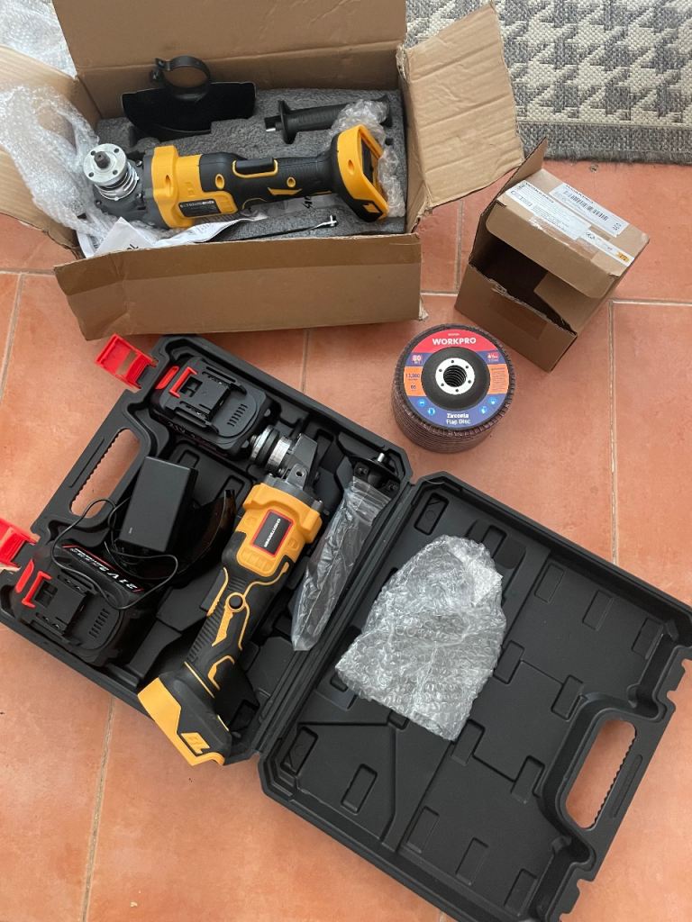 2 x Cordless Angle Grinder with Batteries and Case – NEW