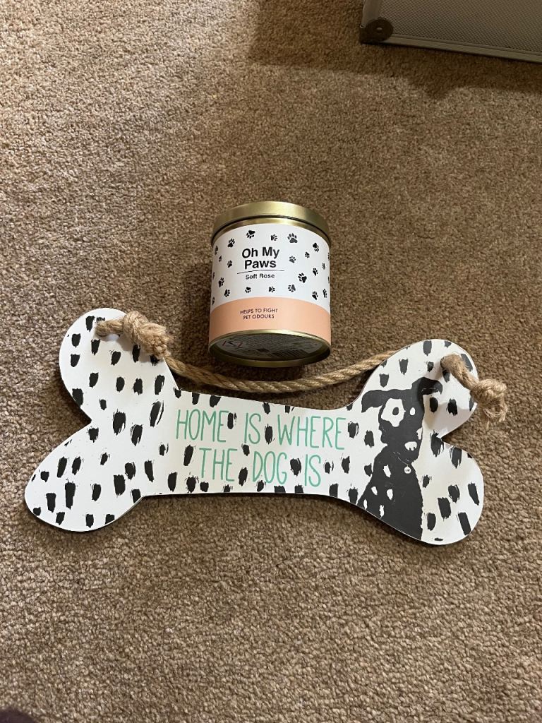 Wooden dog  bone sign & candle