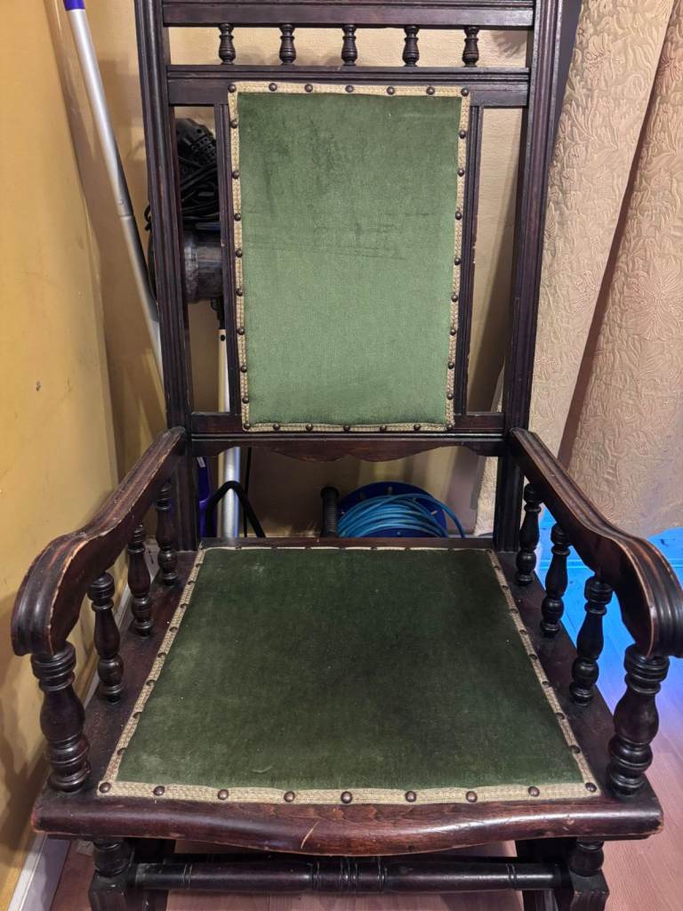 Antique Victorian Rocking Chair — Green Velvet & Brass Studs — Collection Only