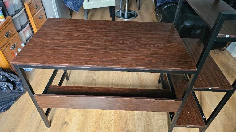 Brown Desk with Shelves and Black Office Chair – Good Condition