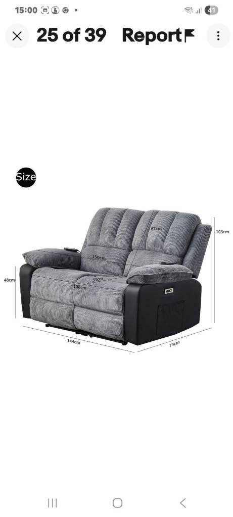 new double sofa in grey with electric recliner and heat massage and usb 