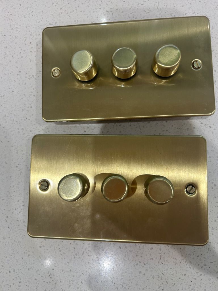 image for 3 gang brushed brass dimmer light switches x 2