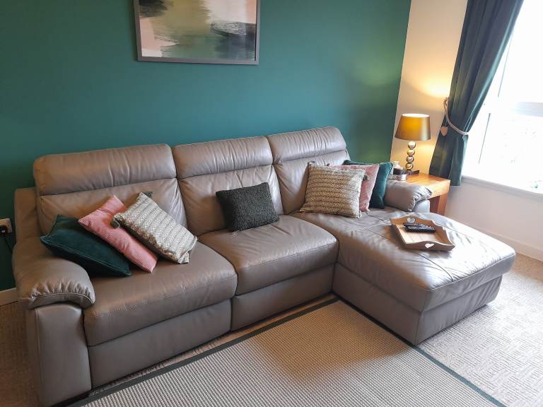 Italian leather grey 3 seater, right hand chaise lounge sofa with 2 electric recliners.