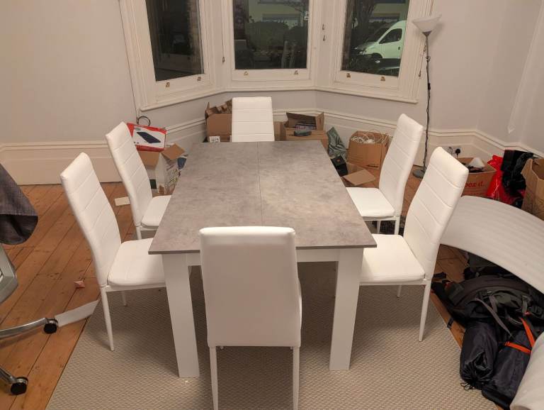 FREE CHAIRS!! Modern 6-Seater Dining Set - Grey Stone Effect & White (138cm)