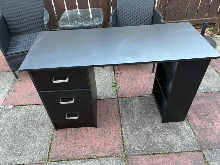 Black Wooden Desk with Drawers and Shelves – Good Condition