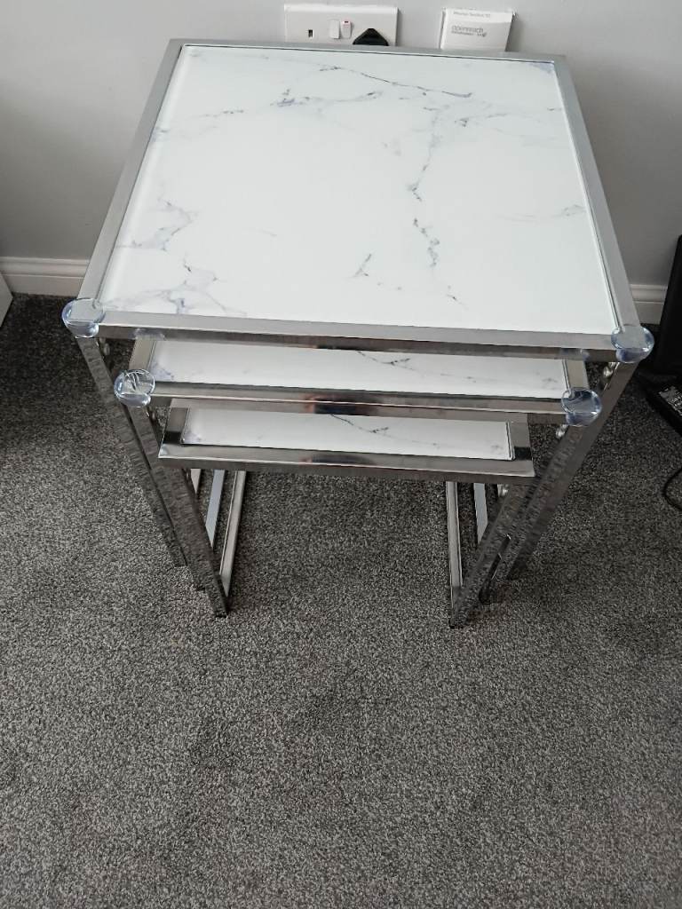 Nest of 3 Tables – Chrome & White Marble Effect Top, Excellent Condition