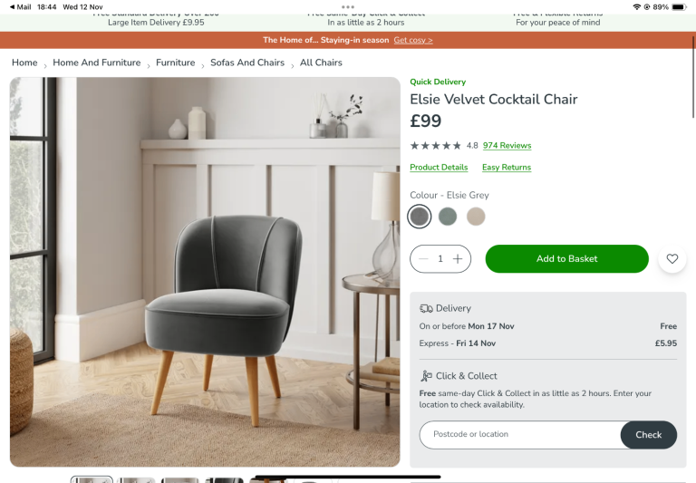 Soft velvet chair - Dunelm 