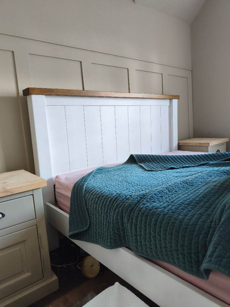 Solid wood white  king-size bed  with mattress in used condition,must go together pick up only 