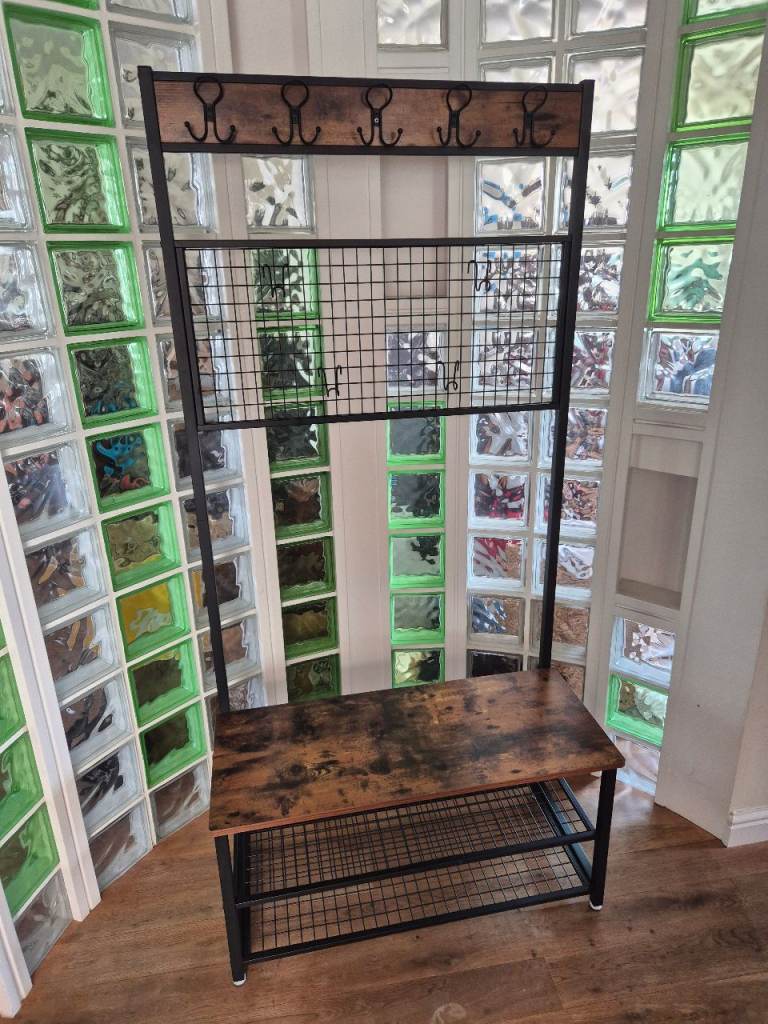 VASAGLE Coat Rack Stand, Industrial Shoe Rack and Bench with Grid Memo Board 55£ GB