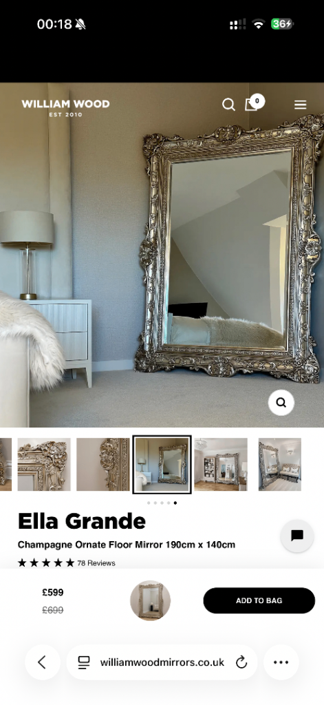 Extra Large Mirror - Champagne Ornate Floor Mirror 190cm x 140cm