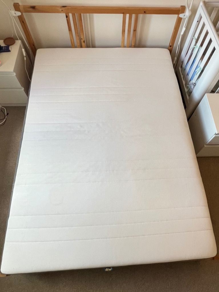 IKEA MORGEDAL Double Mattress and wooden bed frame– Good Condition