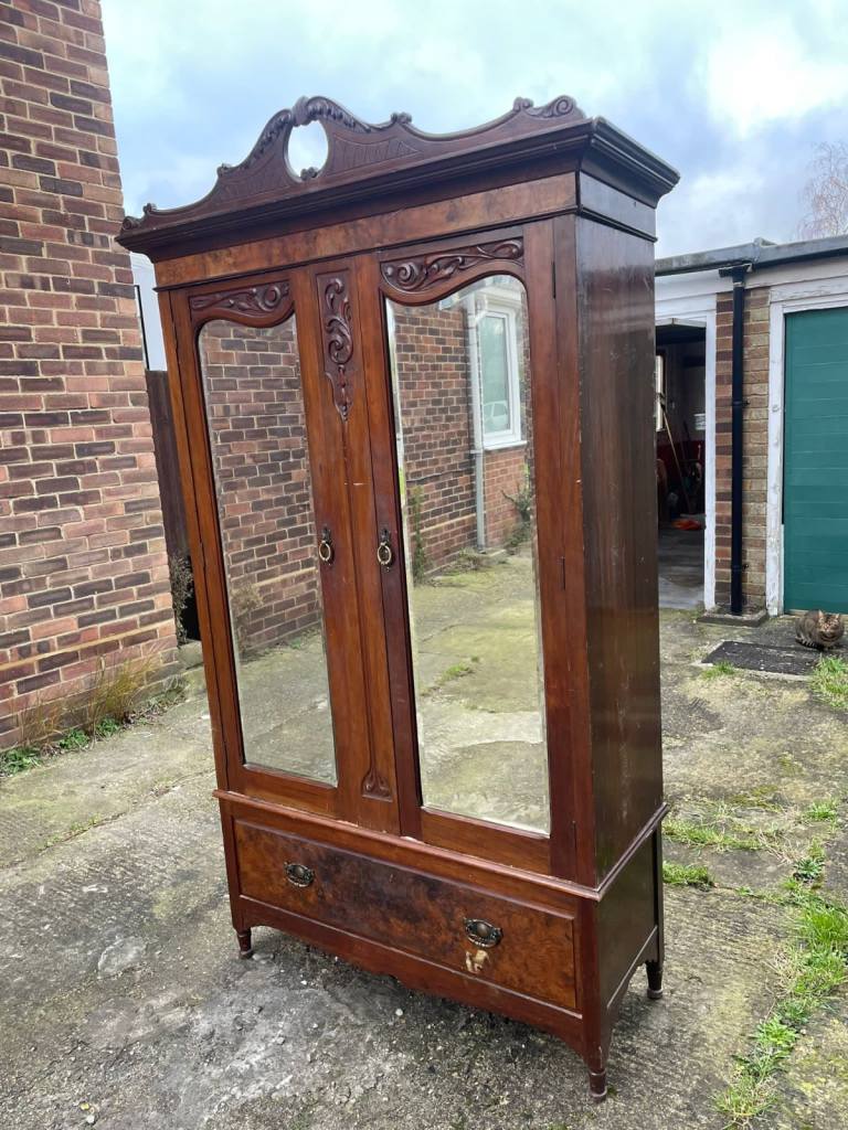 Original Antique Edwardian Mahogany Double Wardrobe With Drawer and Mirrors