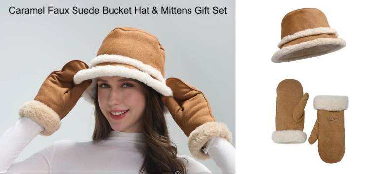 Caramel Faux Suede Bucket Hat & Mittens Gift Set 