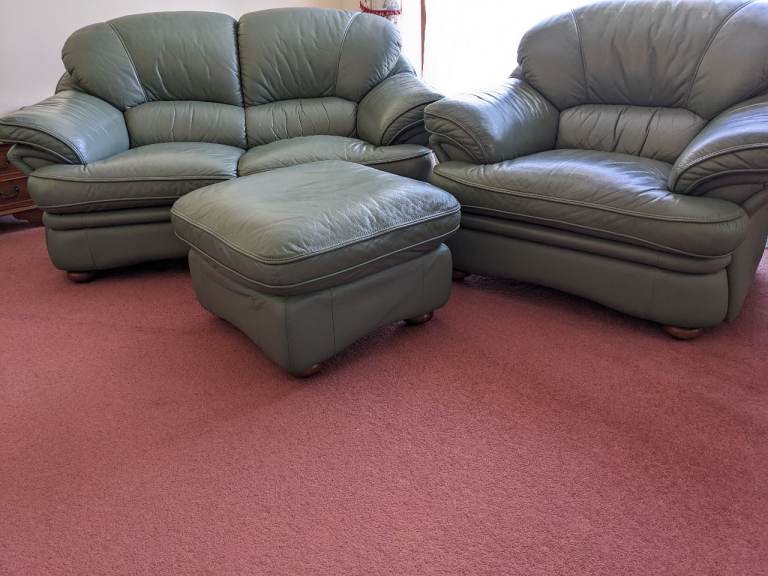 Leather Sofa Set (Two Seaters, One Seater and Footstool) colour Olive